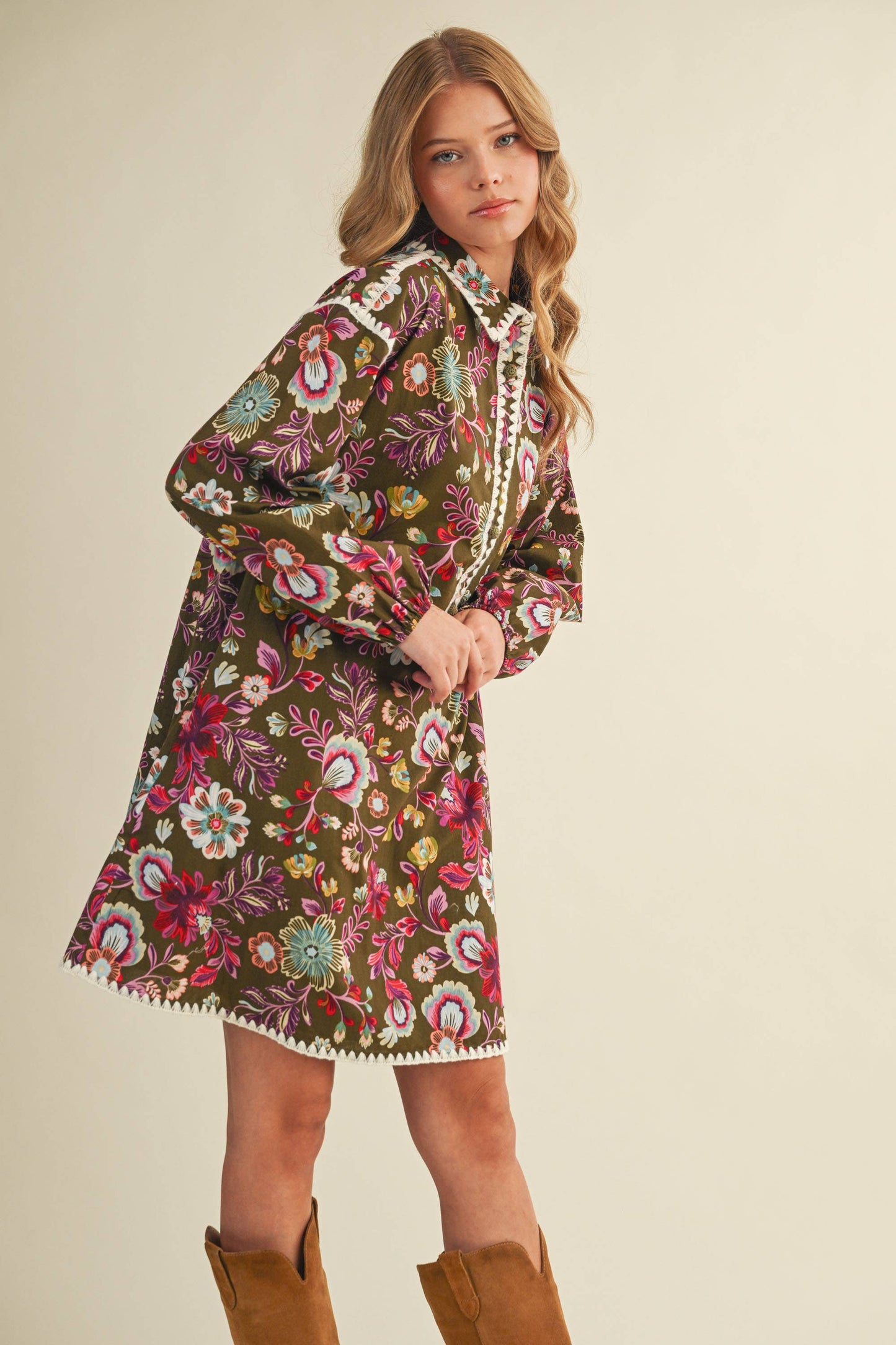 Blanket Stitch Floral Print Dress in Olive Multi