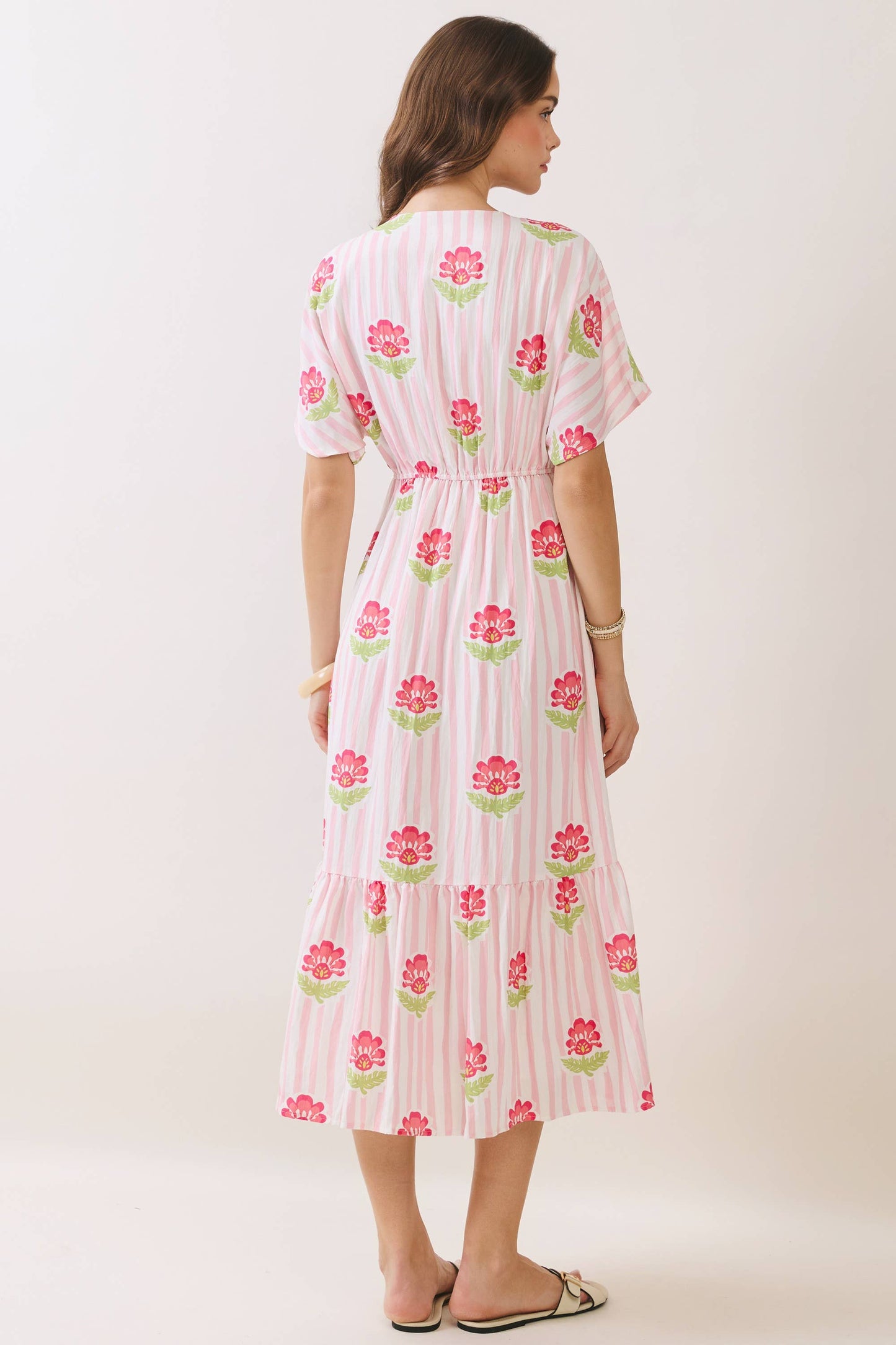 Floral Stripe Print V Neck Midi Dress in Pink