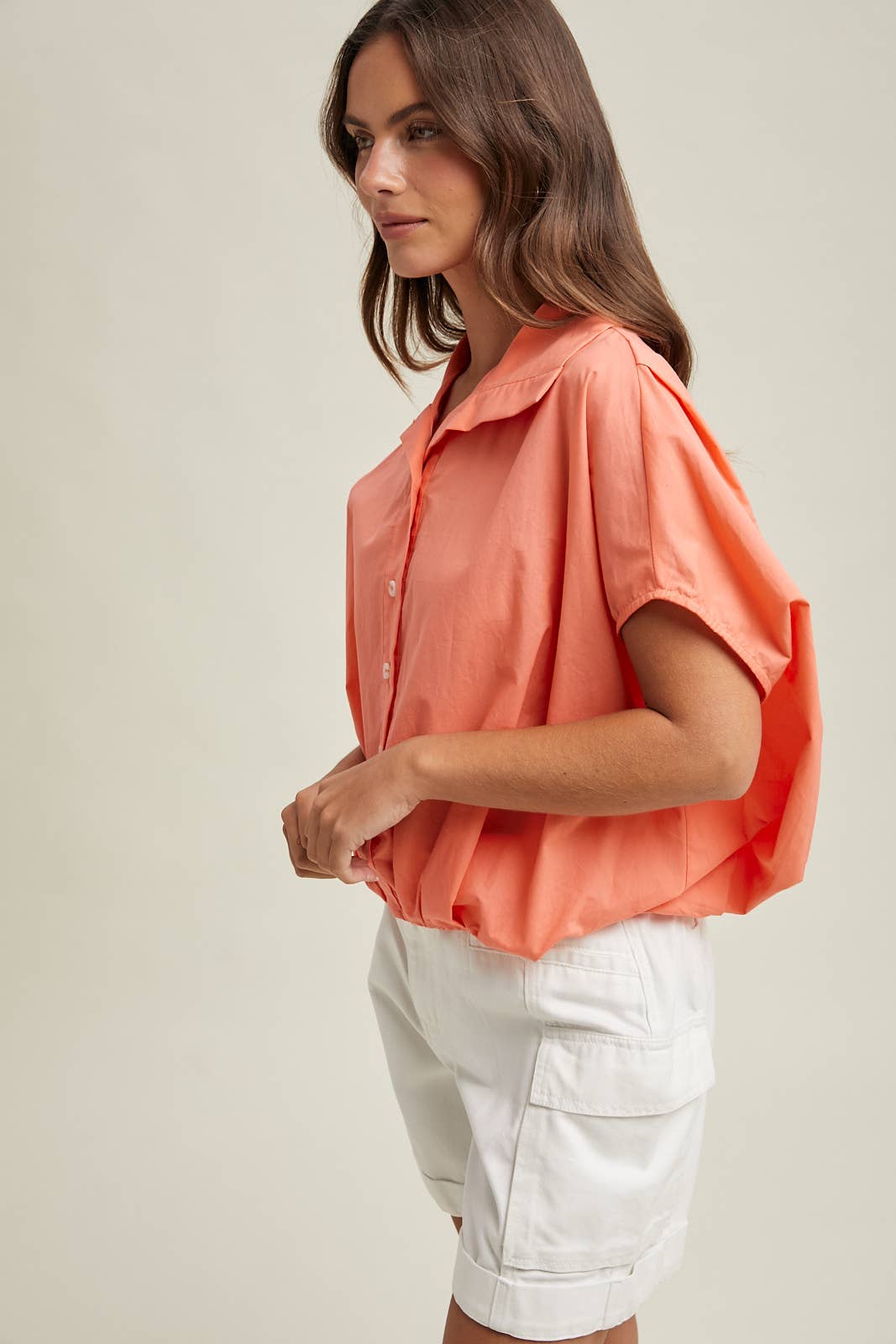 Bubble Hem Button Up Top in Melon