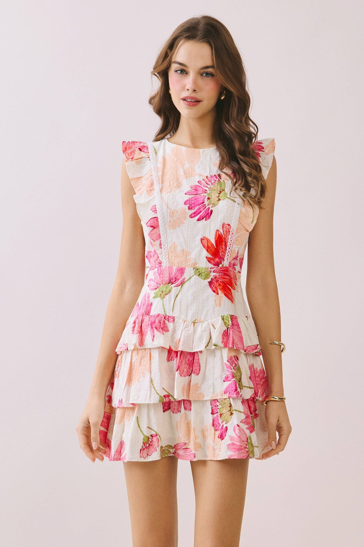 Floral Print Ruffle Detail Mini Dress in Peach and Pink