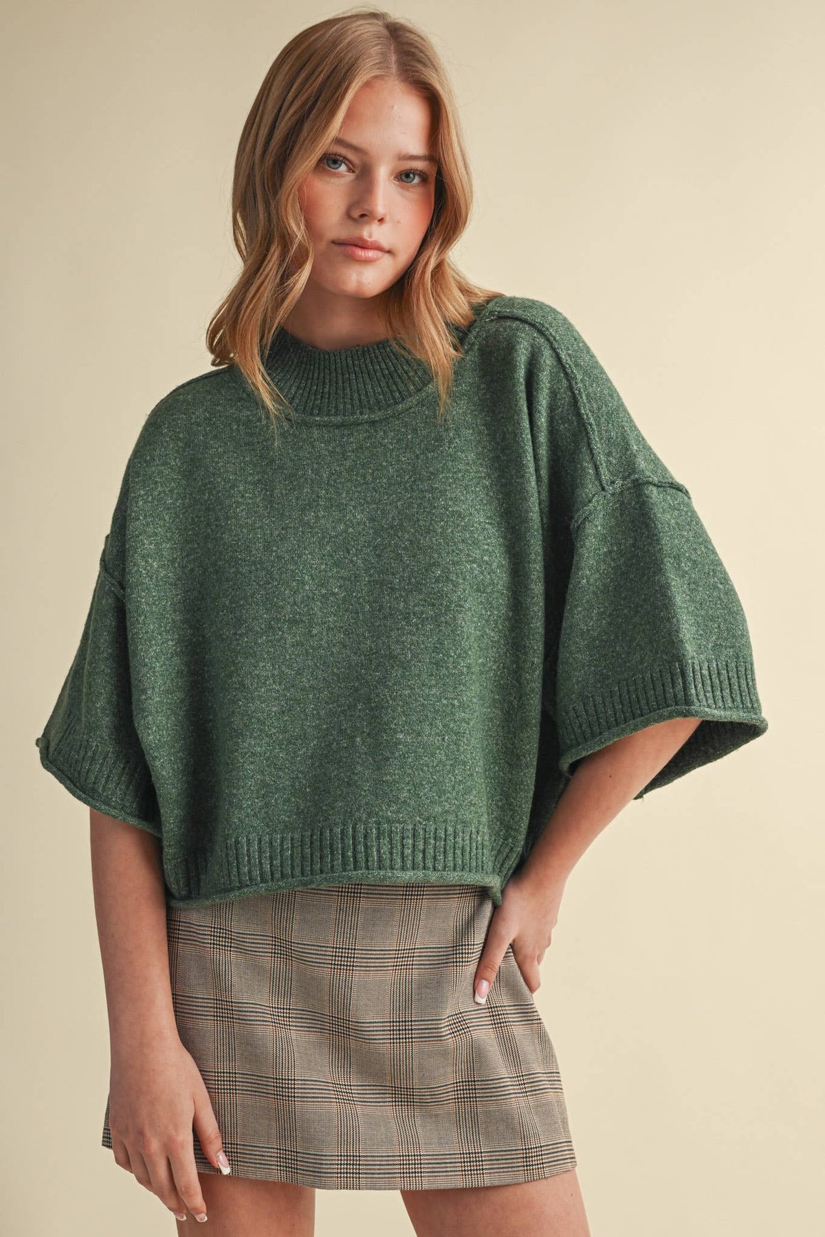 Macy Mock Neck Short Sleeve Sweater in Hunter Green