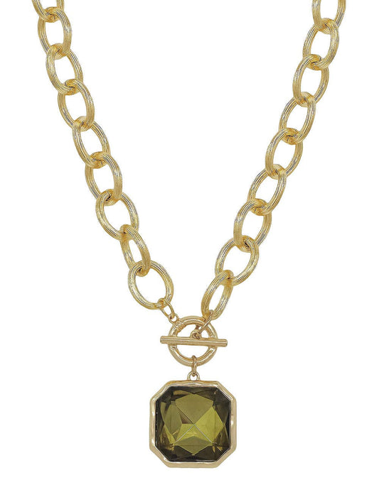 Chunky Chain Necklace with Olive Stone Pendant