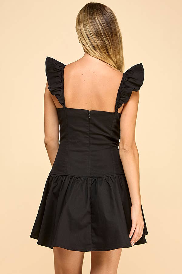 Drop waisted mini dress with ruffle shoulder