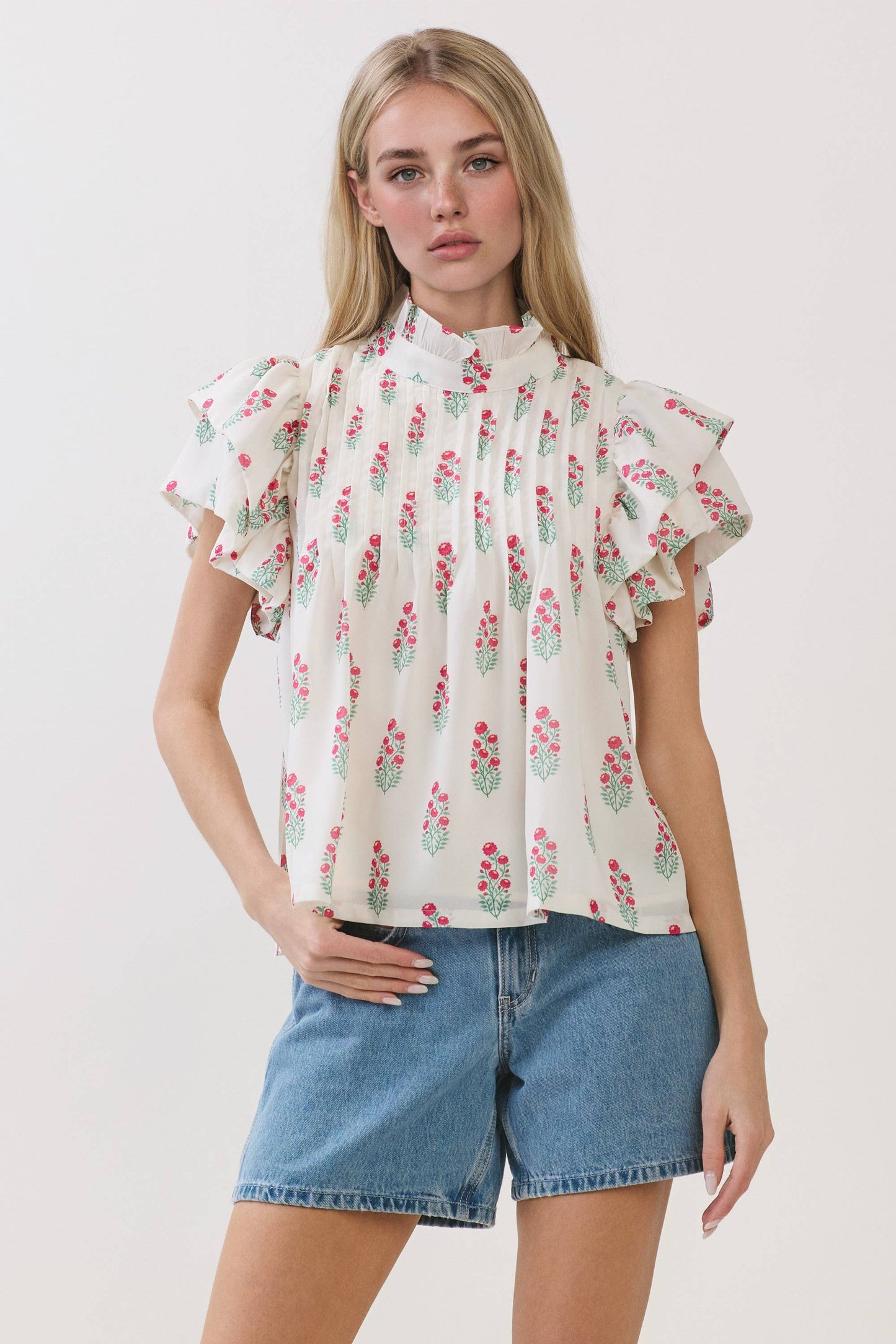 Floral Print Ruffle Sleeve High Neck Top