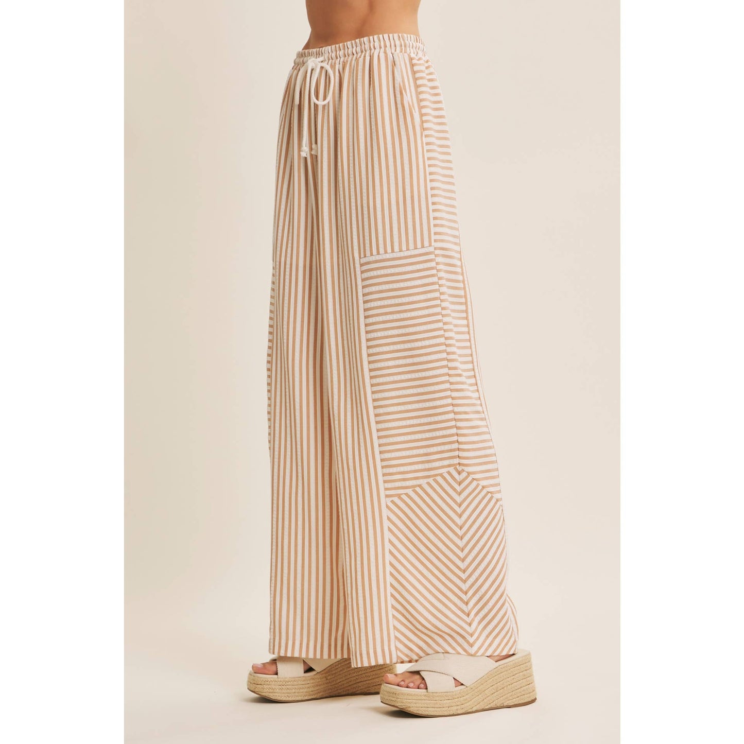 Striped Textured Wide Leg Pants in Tan