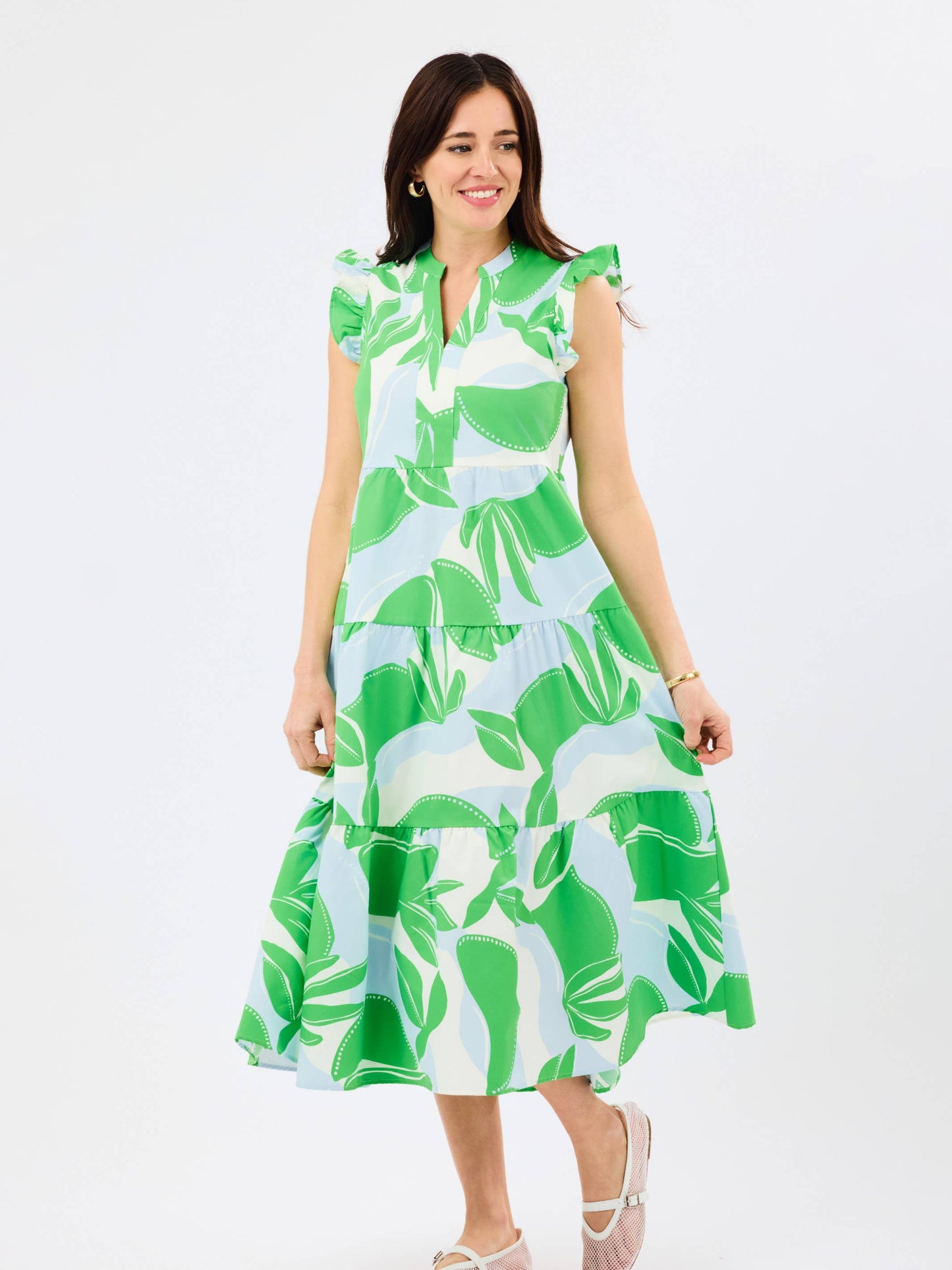 Blue and Green Flutter Sleeve Midi Dress