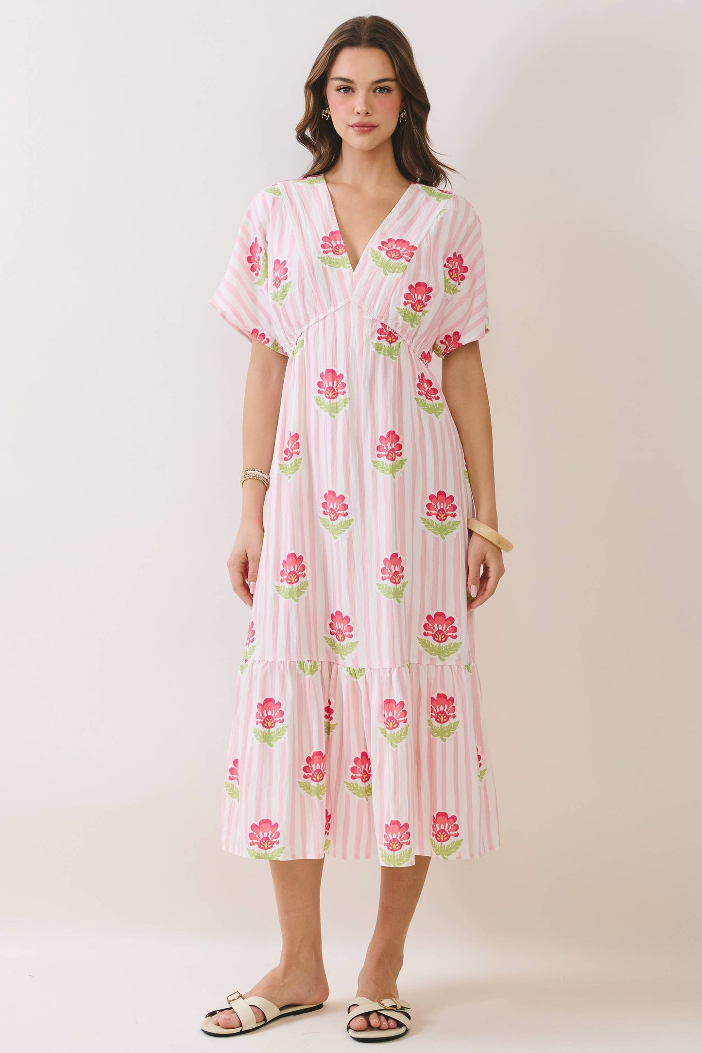 Floral Stripe Print V Neck Midi Dress in Pink