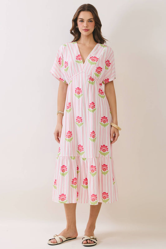 Floral Stripe Print V Neck Midi Dress in Pink