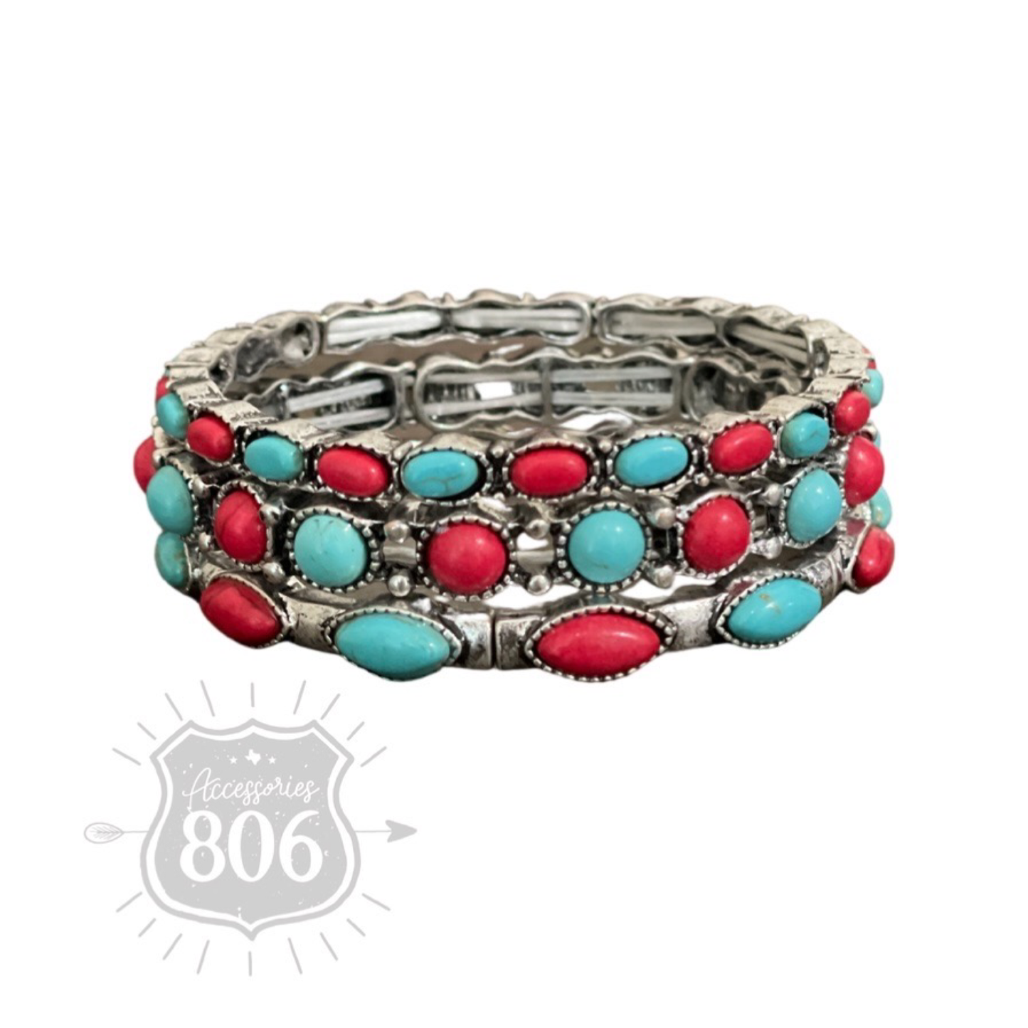 Three piece stone stretch bracelet set: Red
