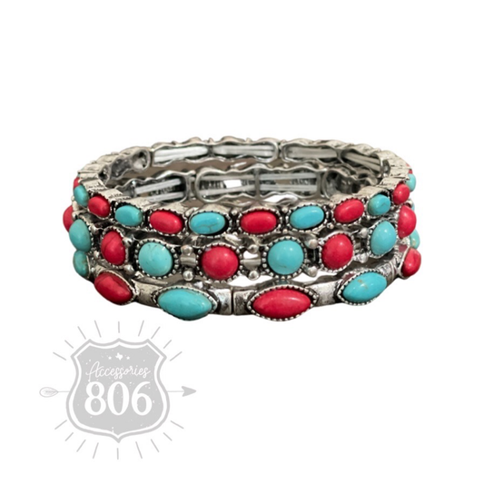 Three piece stone stretch bracelet set: Red