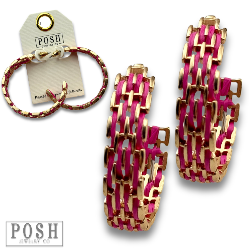Gold and raffia hoop earring: Fuchsia