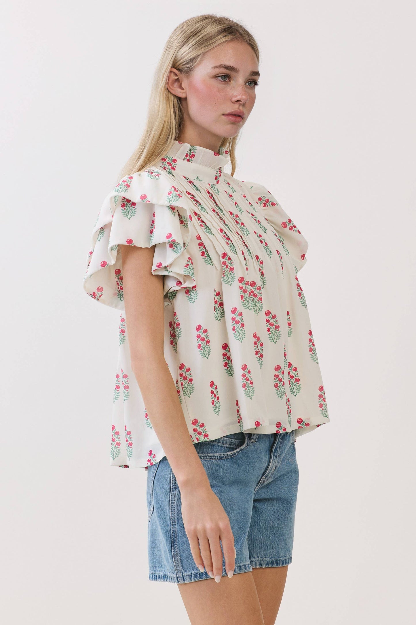 Floral Print Ruffle Sleeve High Neck Top