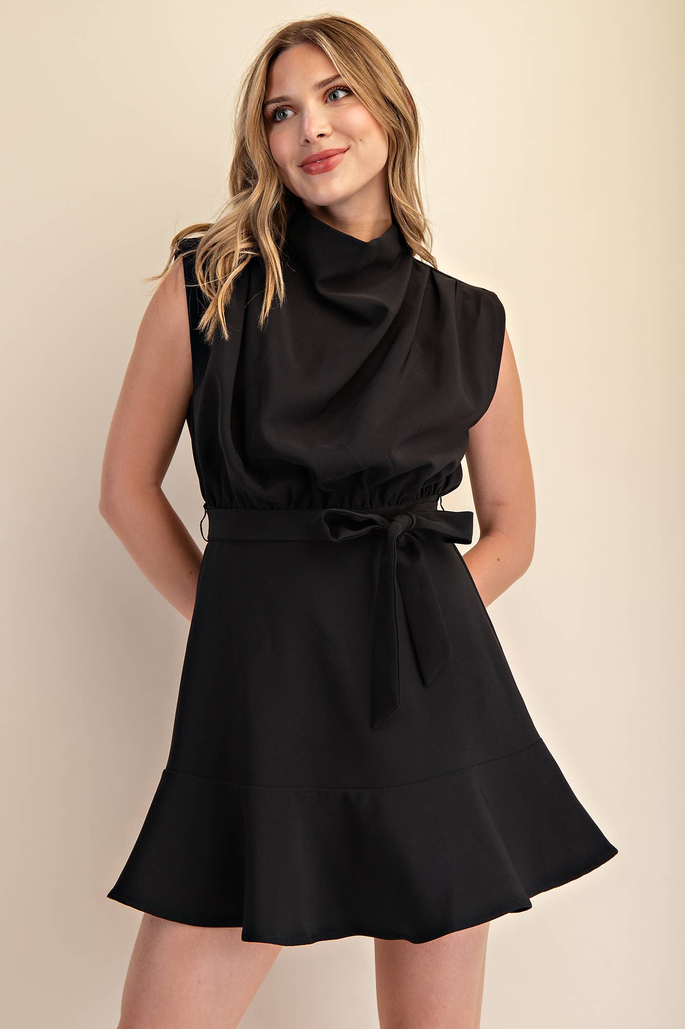 Cowl Neck Sleeveless Mini Dress in Black