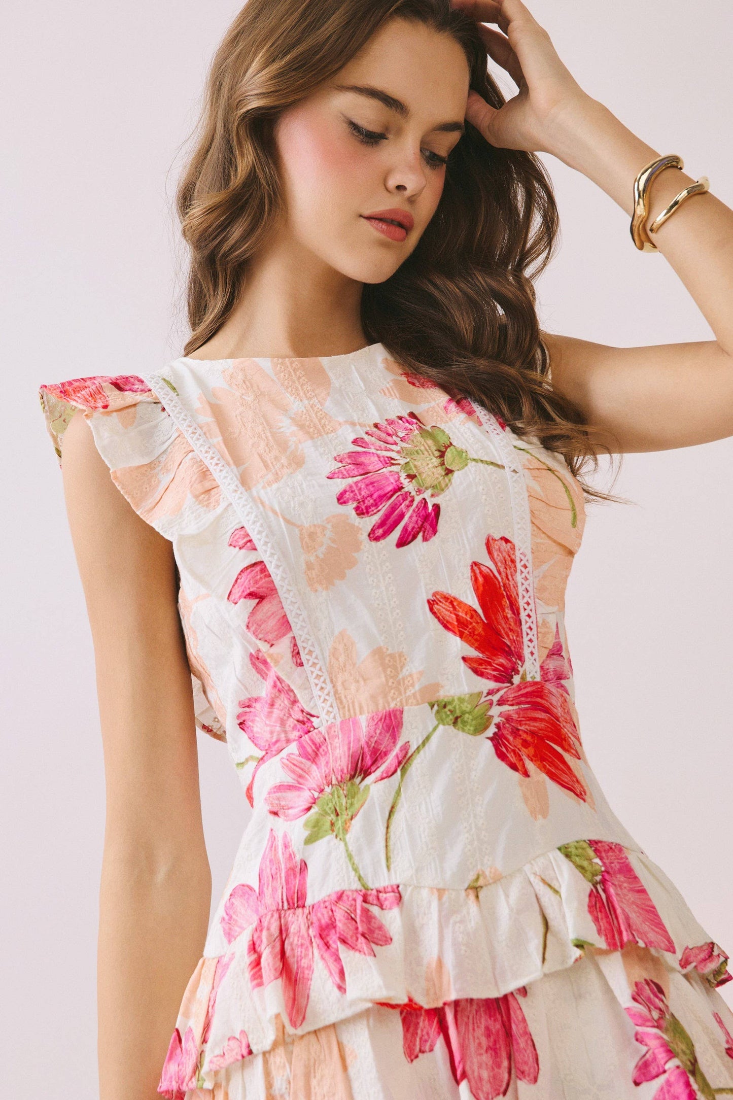 Floral Print Ruffle Detail Mini Dress in Peach and Pink