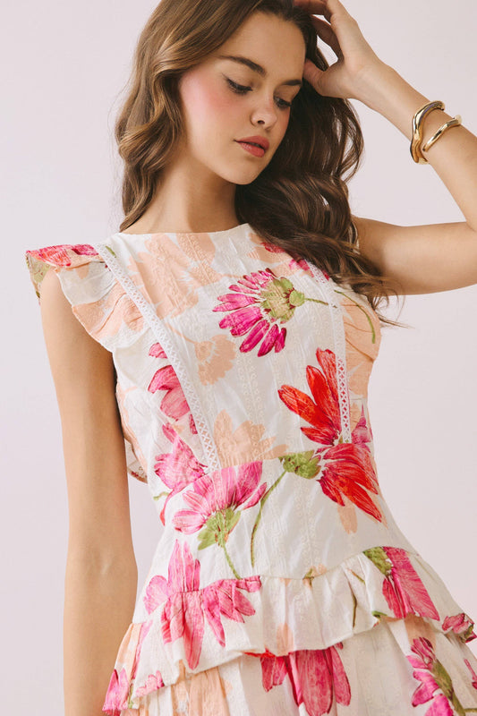 Floral Print Ruffle Detail Mini Dress in Peach and Pink