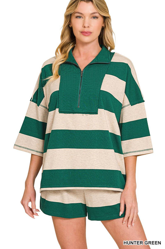 French Terry Striped Half Zip High Neck Top & Shorts Set in Hunter Green
