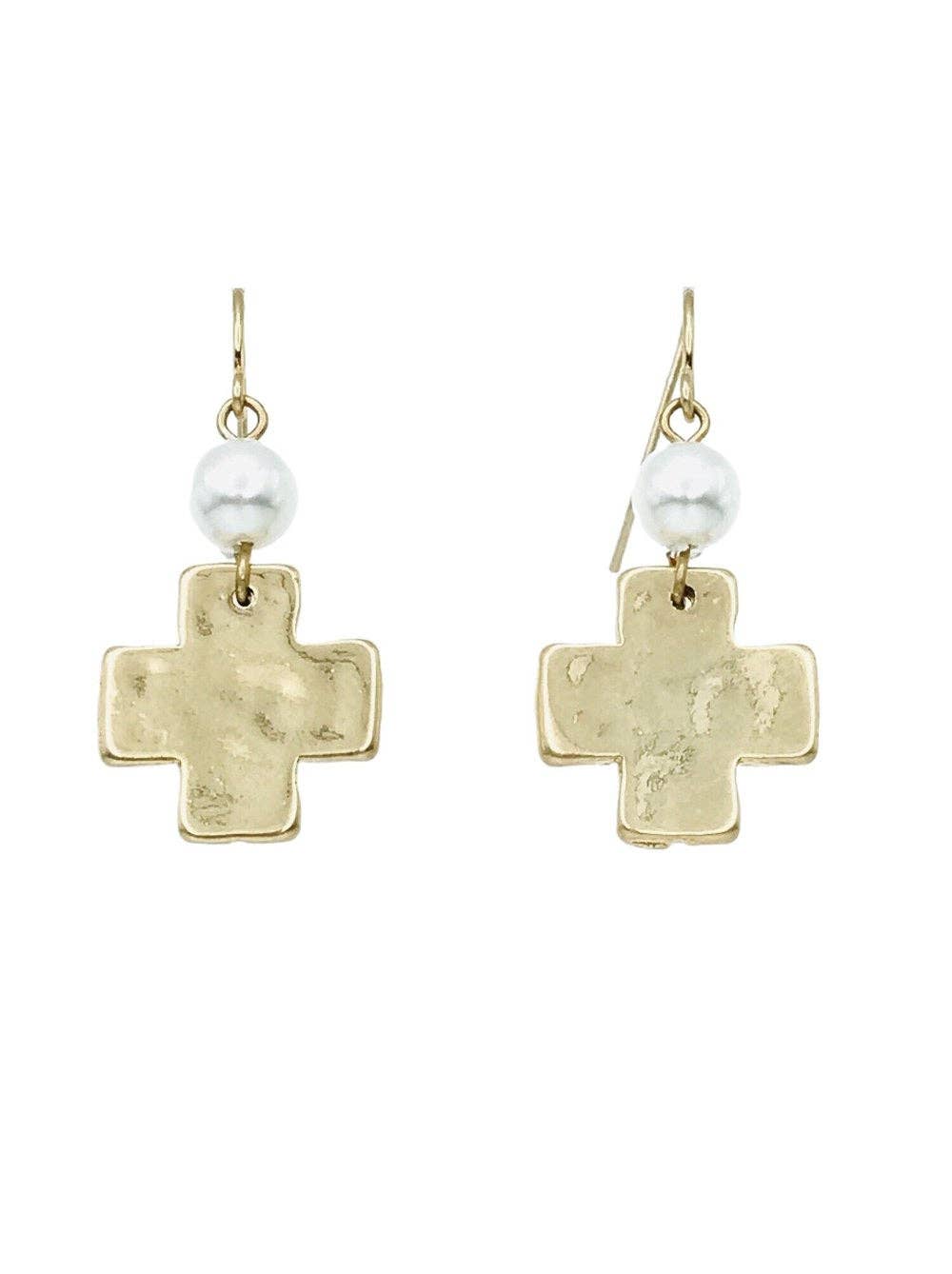 Hammered Gold Cross with Pearl Earrings