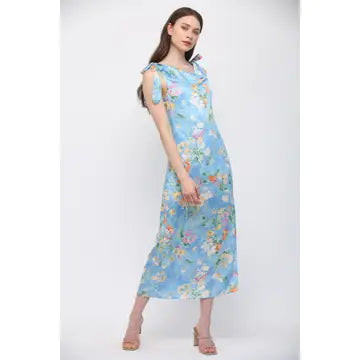 Sky Blue Floral Print Satin Cowl Neck Dress