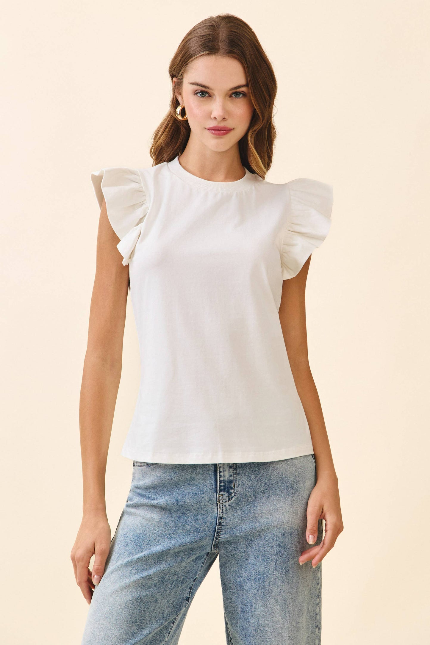 Ruffled Flutter Sleeve Top in White