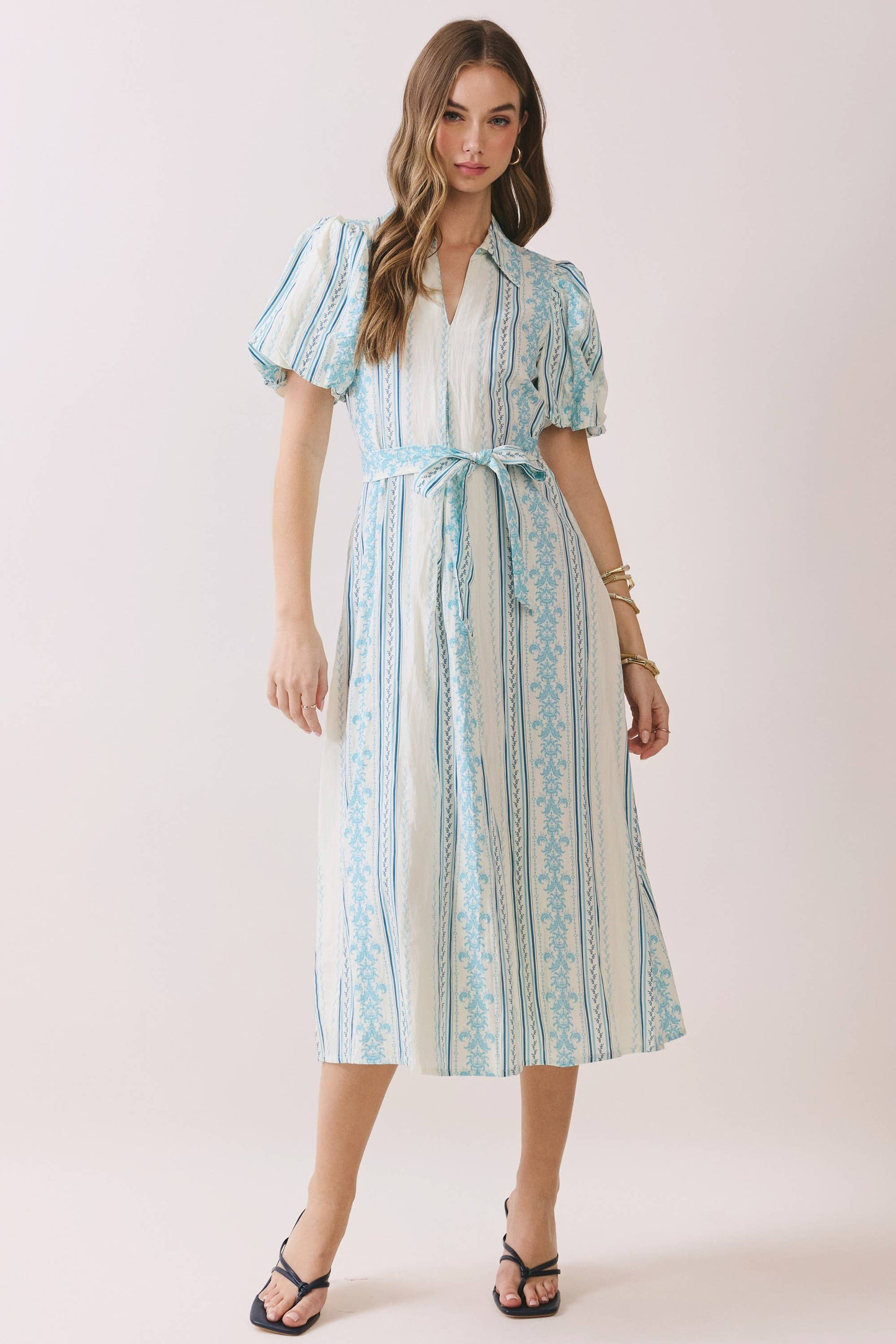 Striped Puff Sleeve Tie Waist Midi Dress in Blue and White