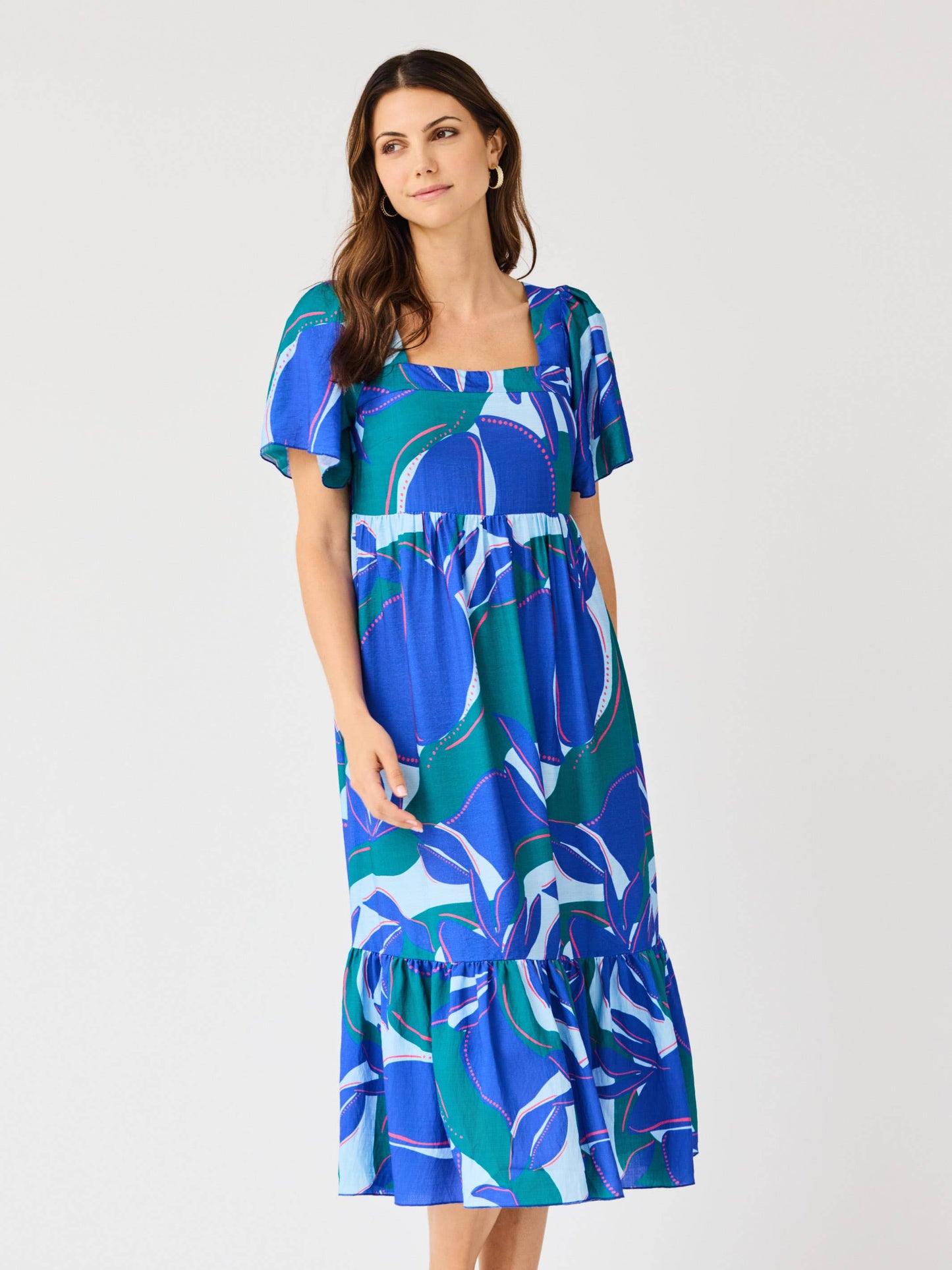 Blue and Green Print Square Neck Maxi Dress