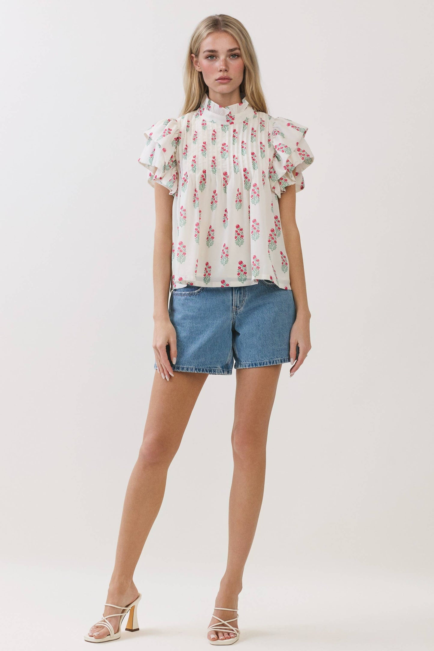 Floral Print Ruffle Sleeve High Neck Top