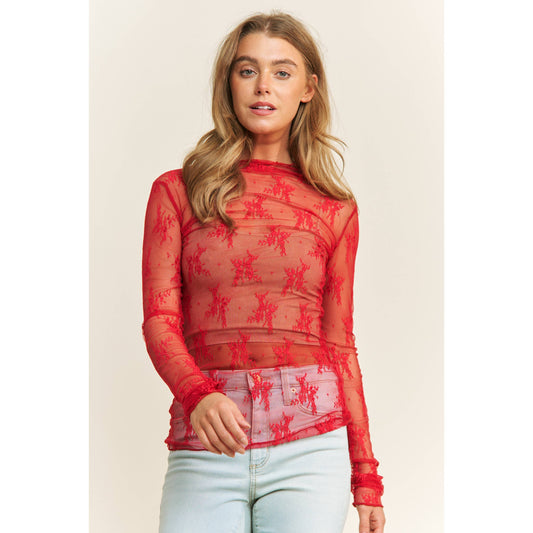 Red Sheer Lace High Neck Top