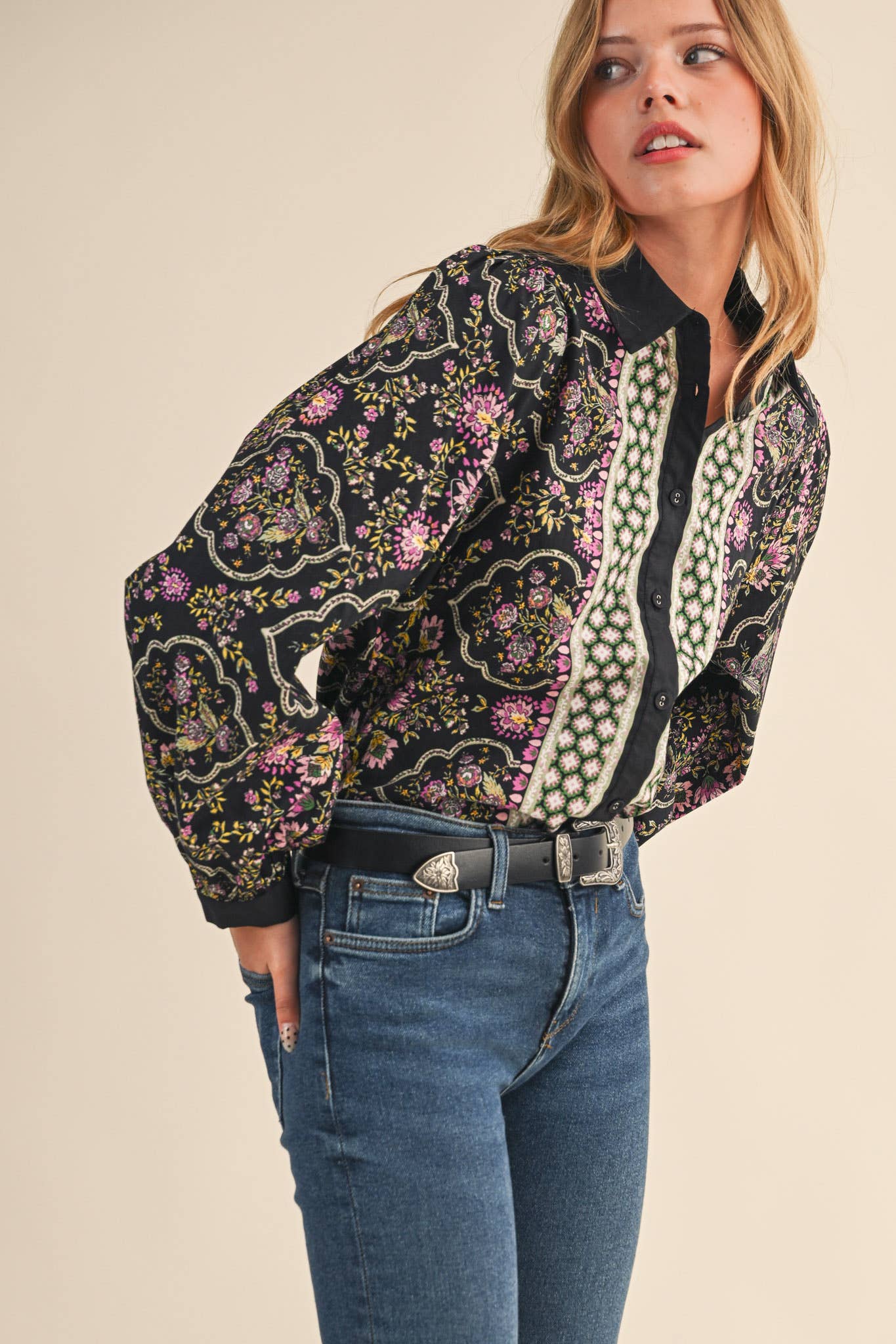 Floral Border Button Up Printed Top in Black Multi