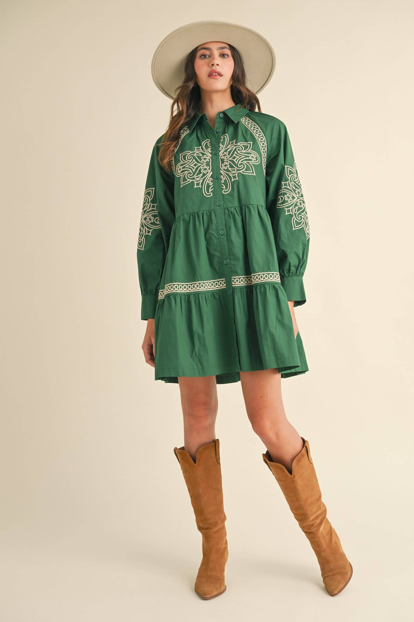 Embroidered Hunter Green Mini Dress