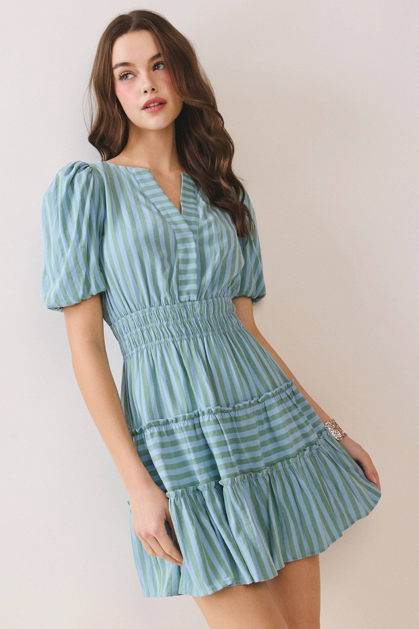 Striped Bubble Sleeve Dress