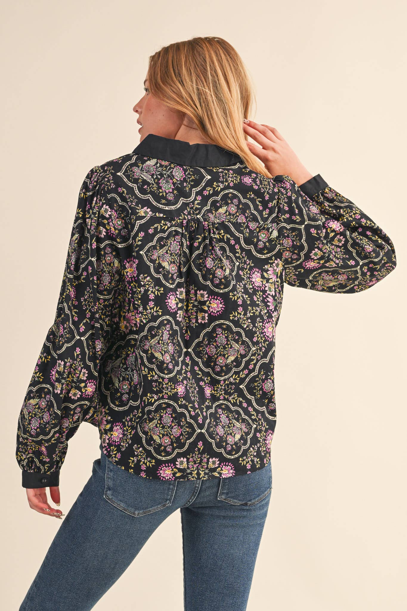 Floral Border Button Up Printed Top in Black Multi