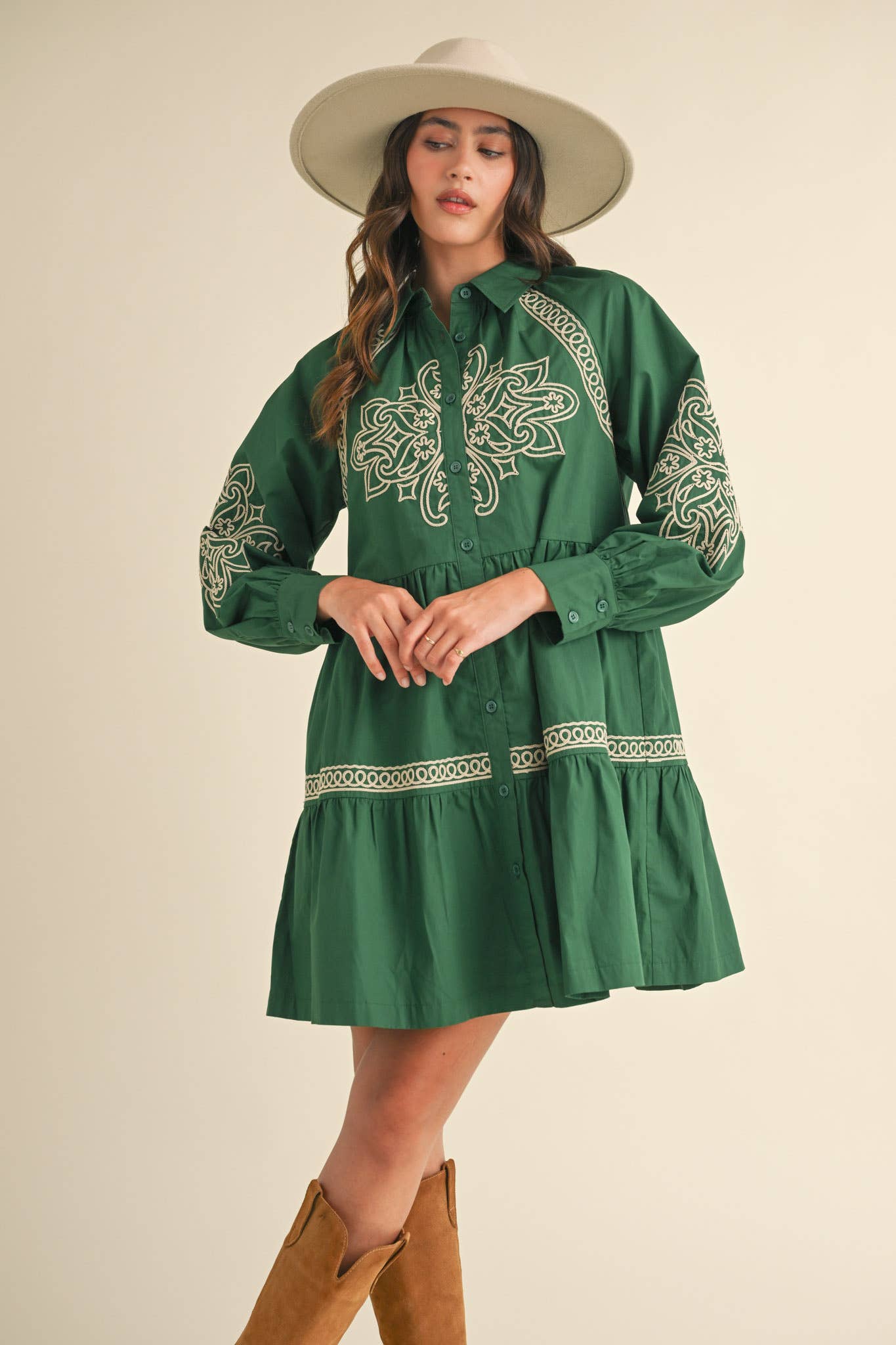 Embroidered Hunter Green Mini Dress