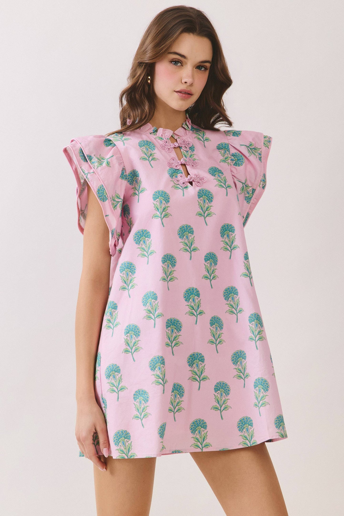 Floral  Ruffle Neck Frog Button  Mini Dress in Pink