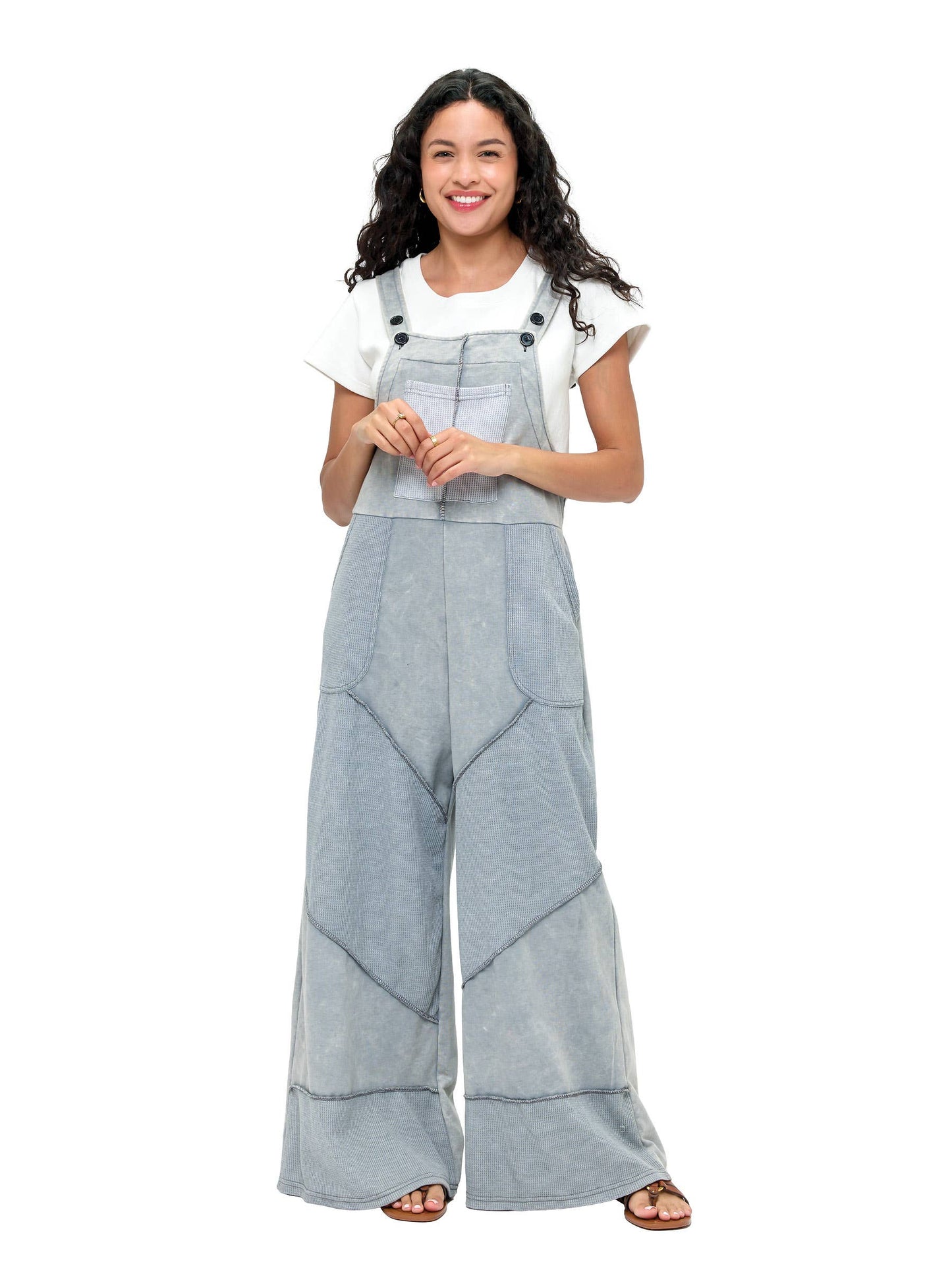 Patchwork Waffle Knit Overalls Gray