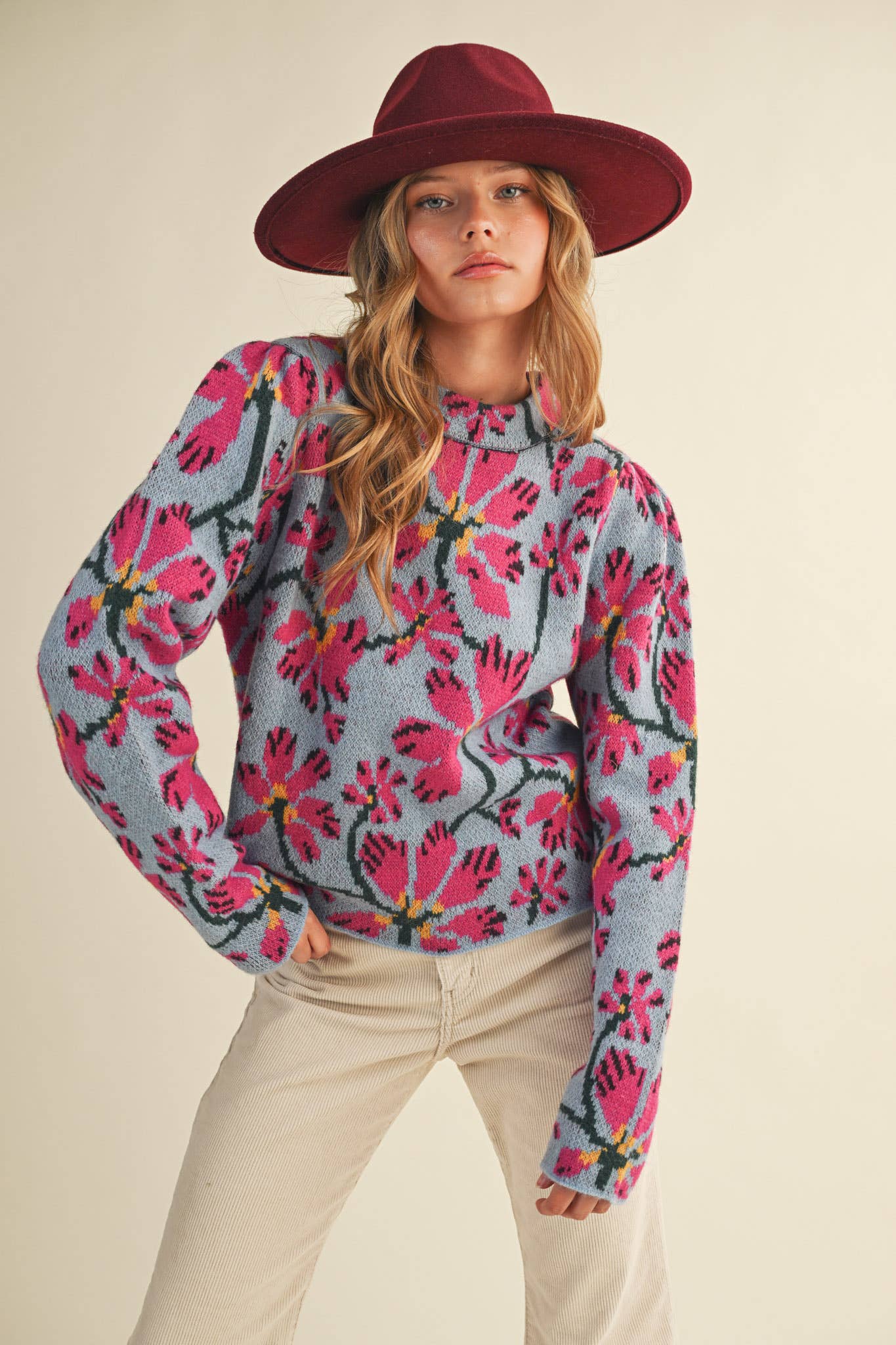 Floral Mock Neck Sweater in Blue/Fusia