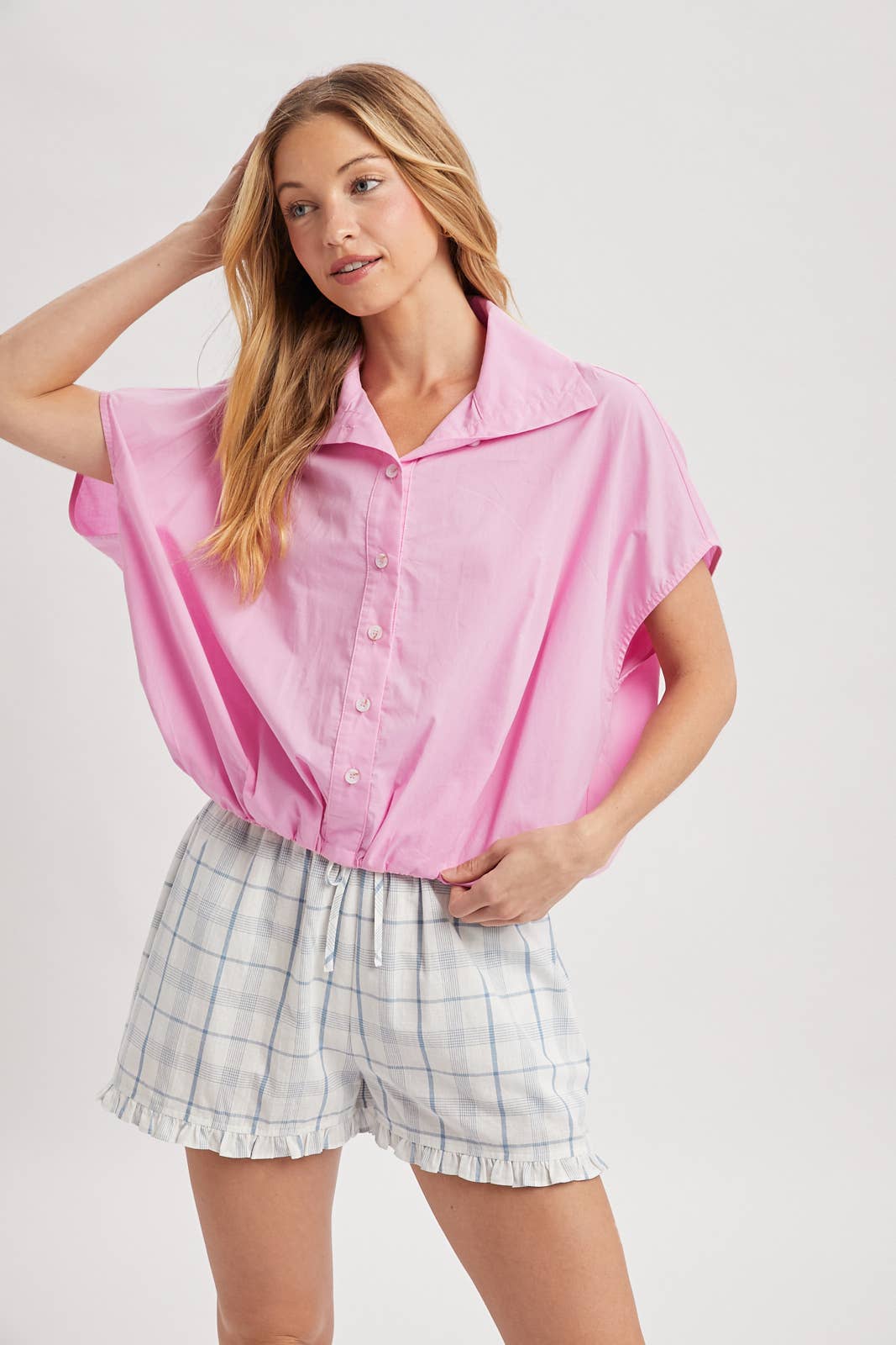 Bubble Hem Button Up Top in Pink