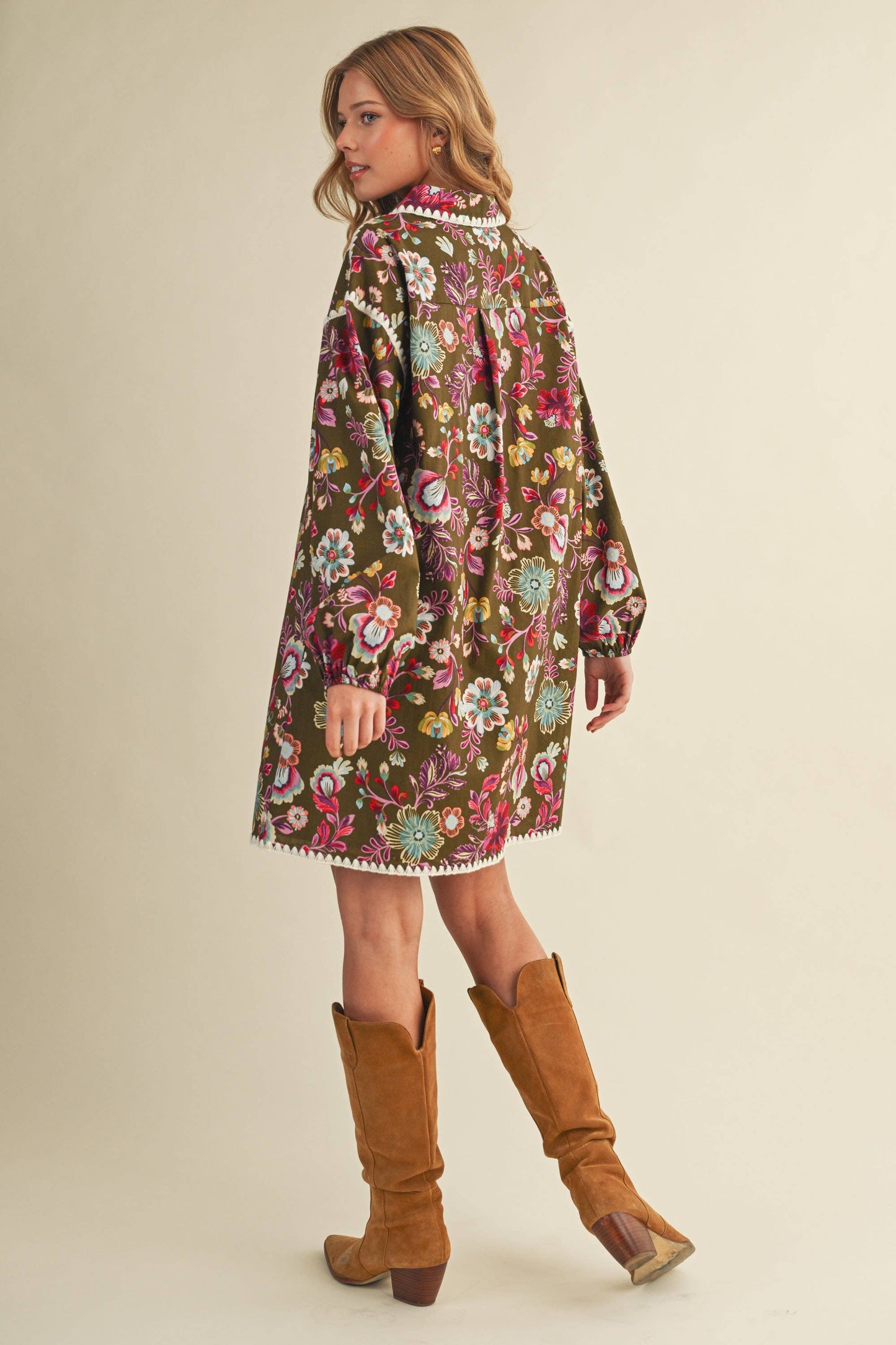 Blanket Stitch Floral Print Dress in Olive Multi