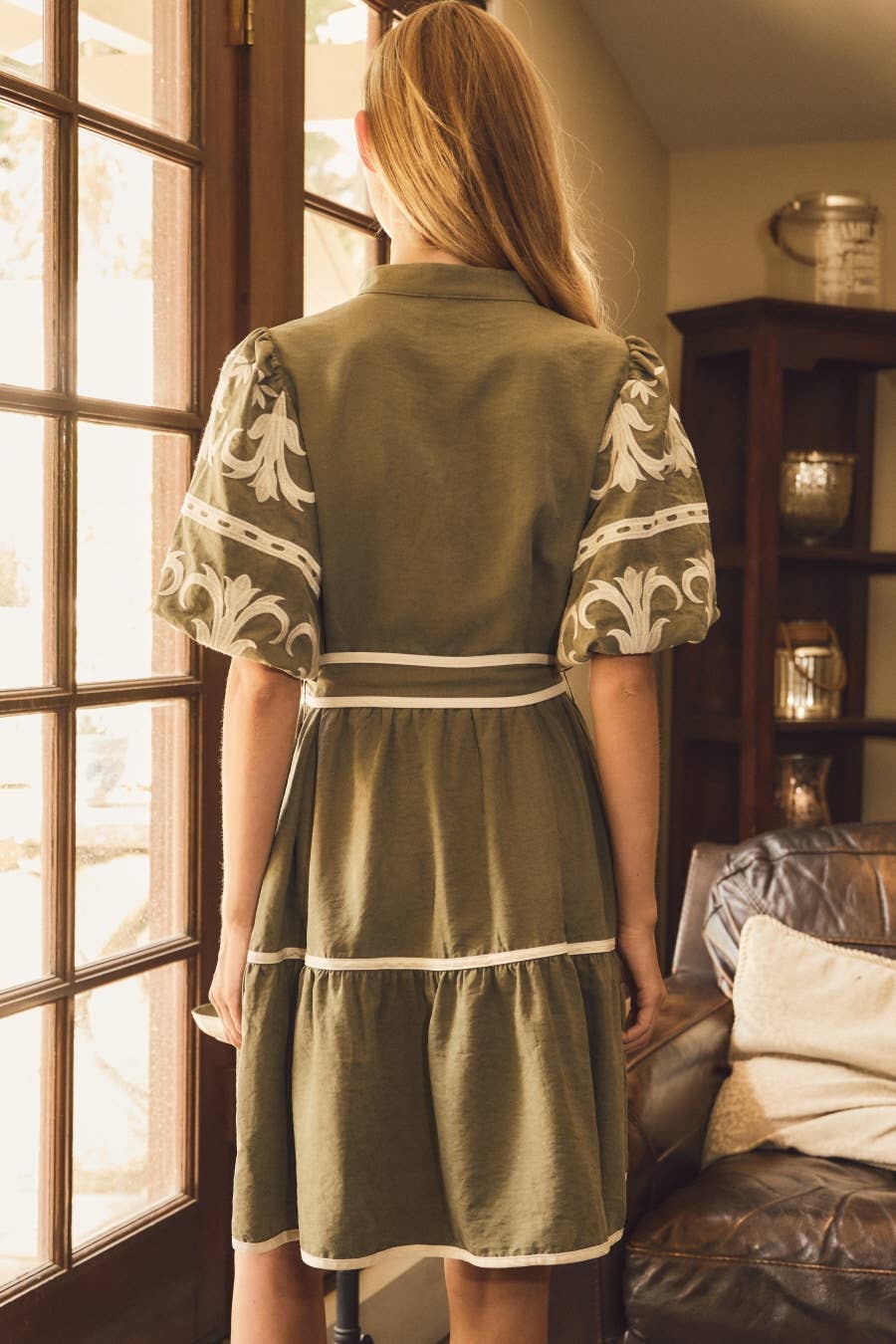 The Ansley Embroidered Dress in Olive