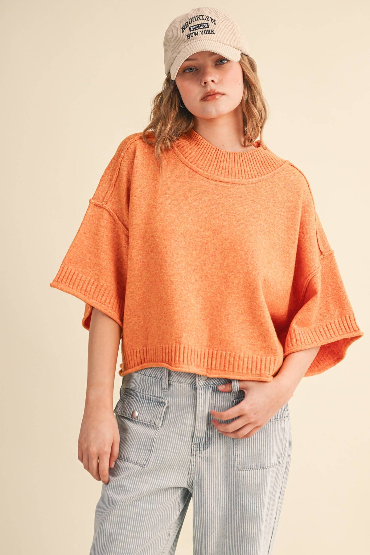 Macy Mock Neck Short Sleeve Sweater in Tangerine