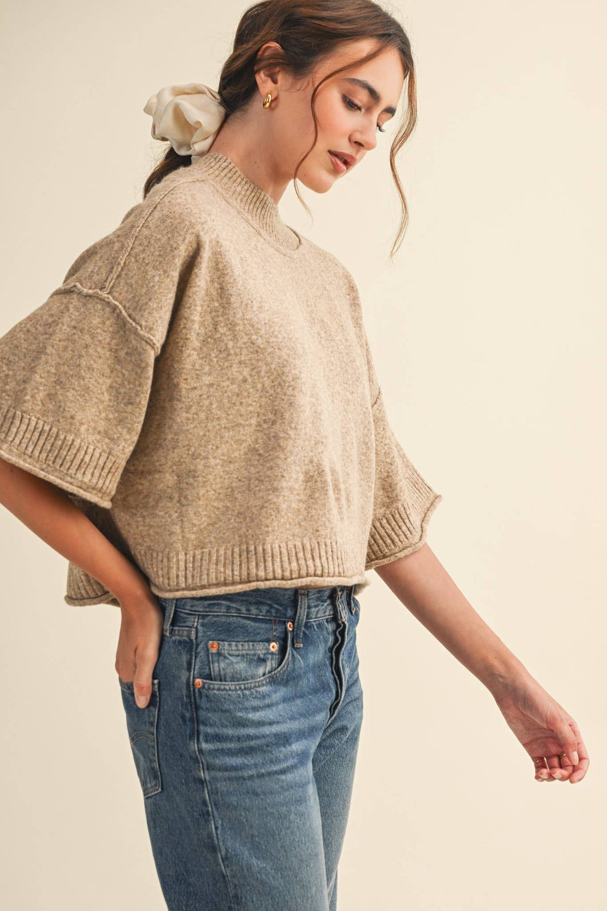 Macy Mock Neck Short Sleeve Sweater in Beige