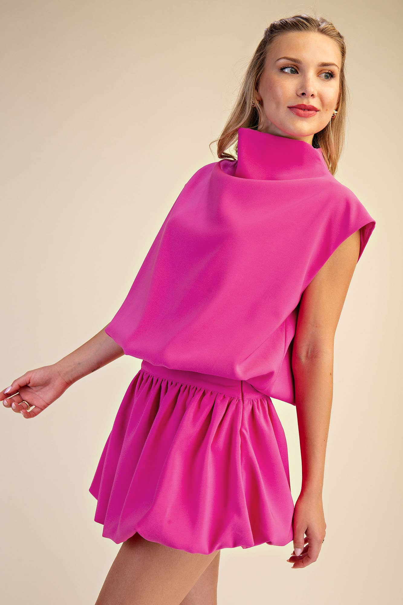 Mock Neck Bubble Top in Hot Pink