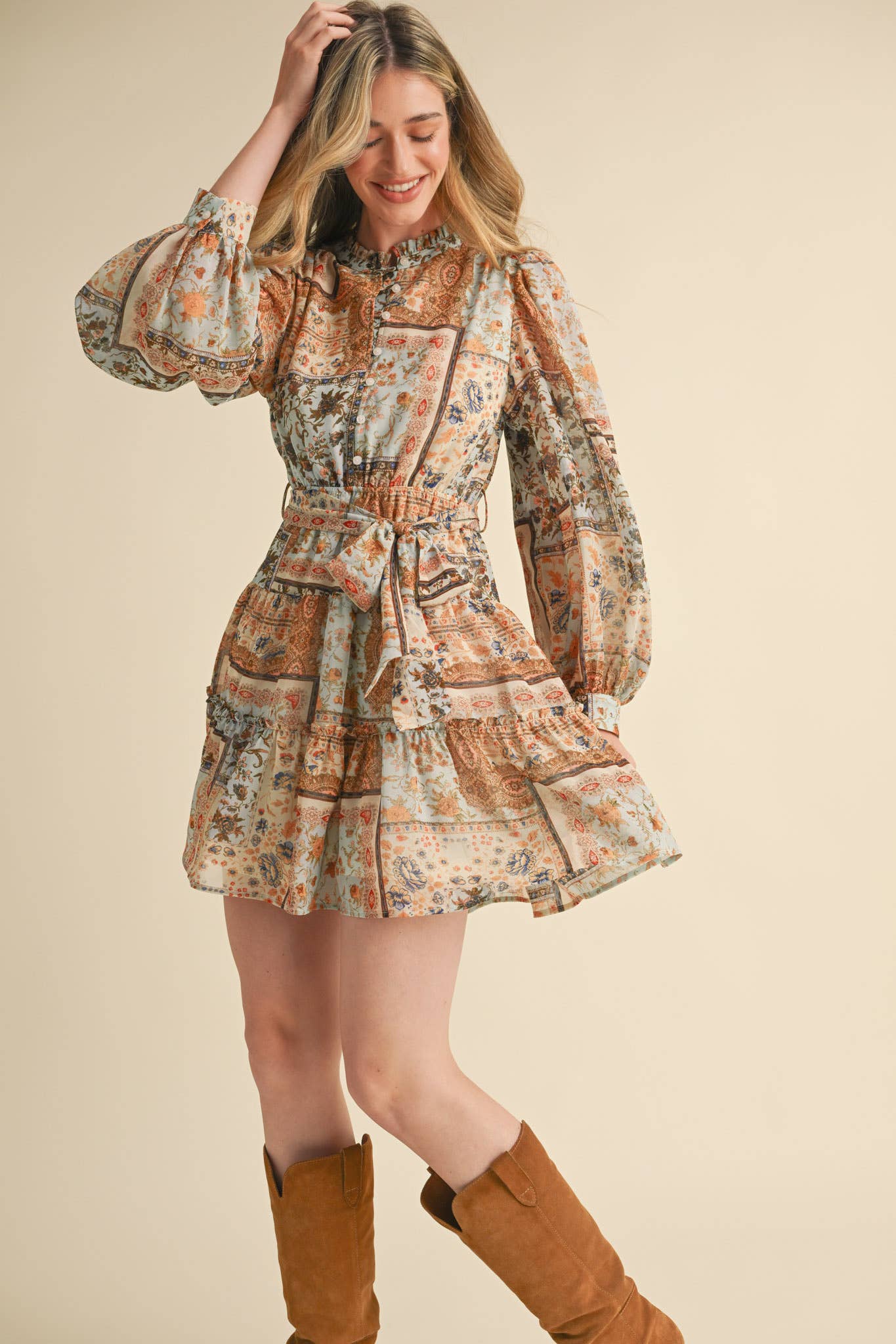 Dusty Blue Patch Print Dress