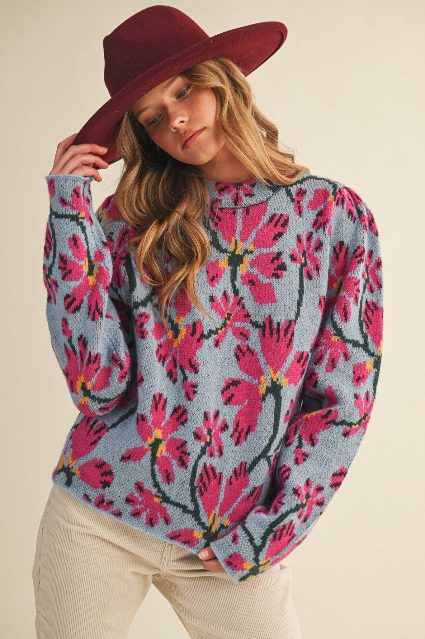 Floral Mock Neck Sweater in Blue/Fusia
