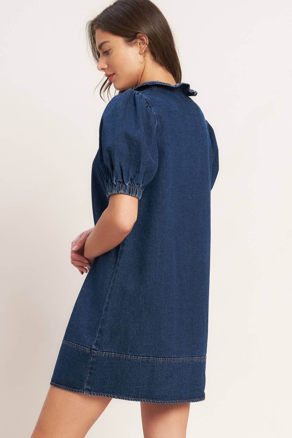 Dark Denim Ruffle Neck Dress