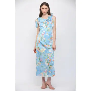 Sky Blue Floral Print Satin Cowl Neck Dress