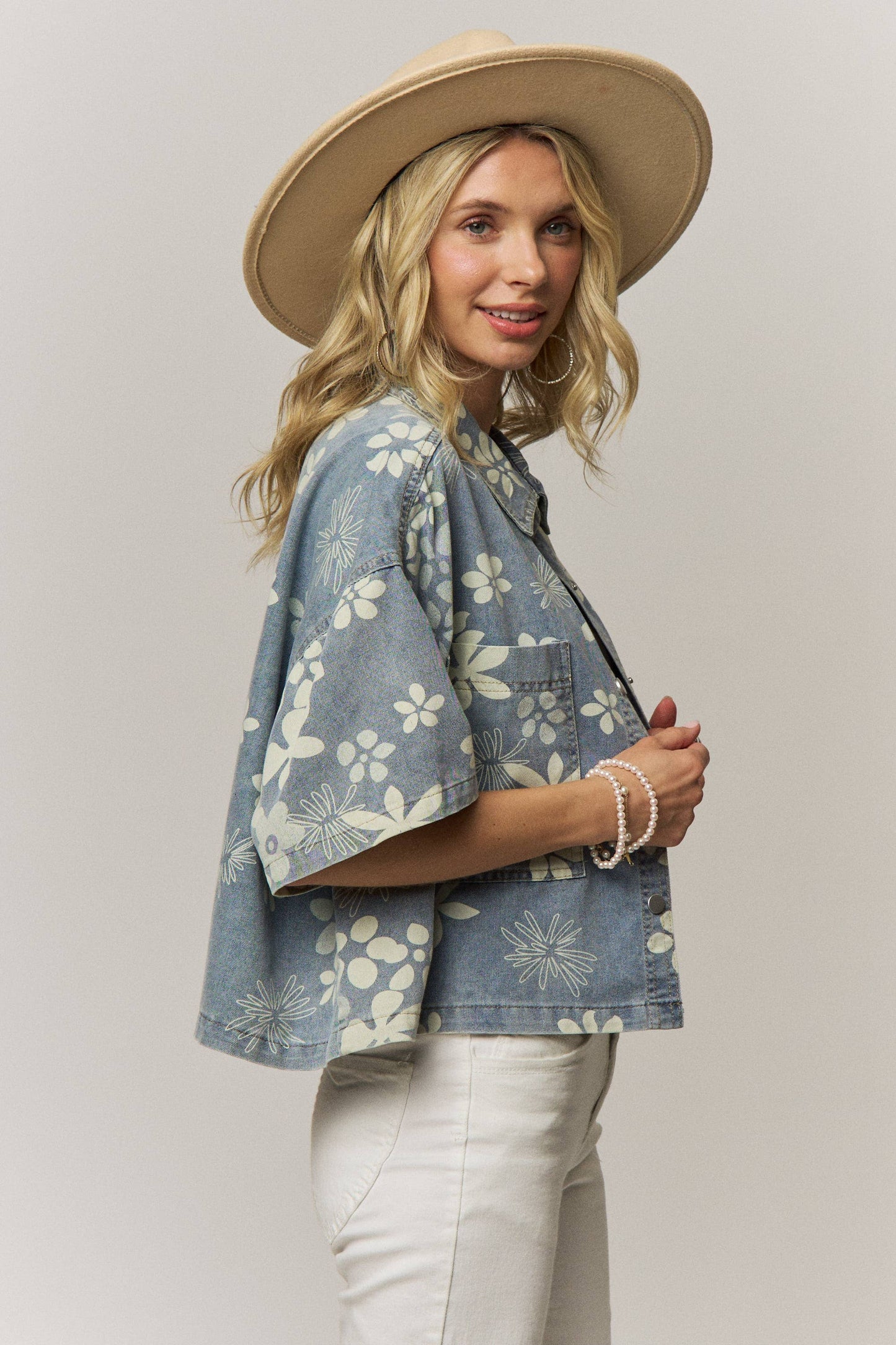 Floral Print Denim Snap Front Top/Jacket