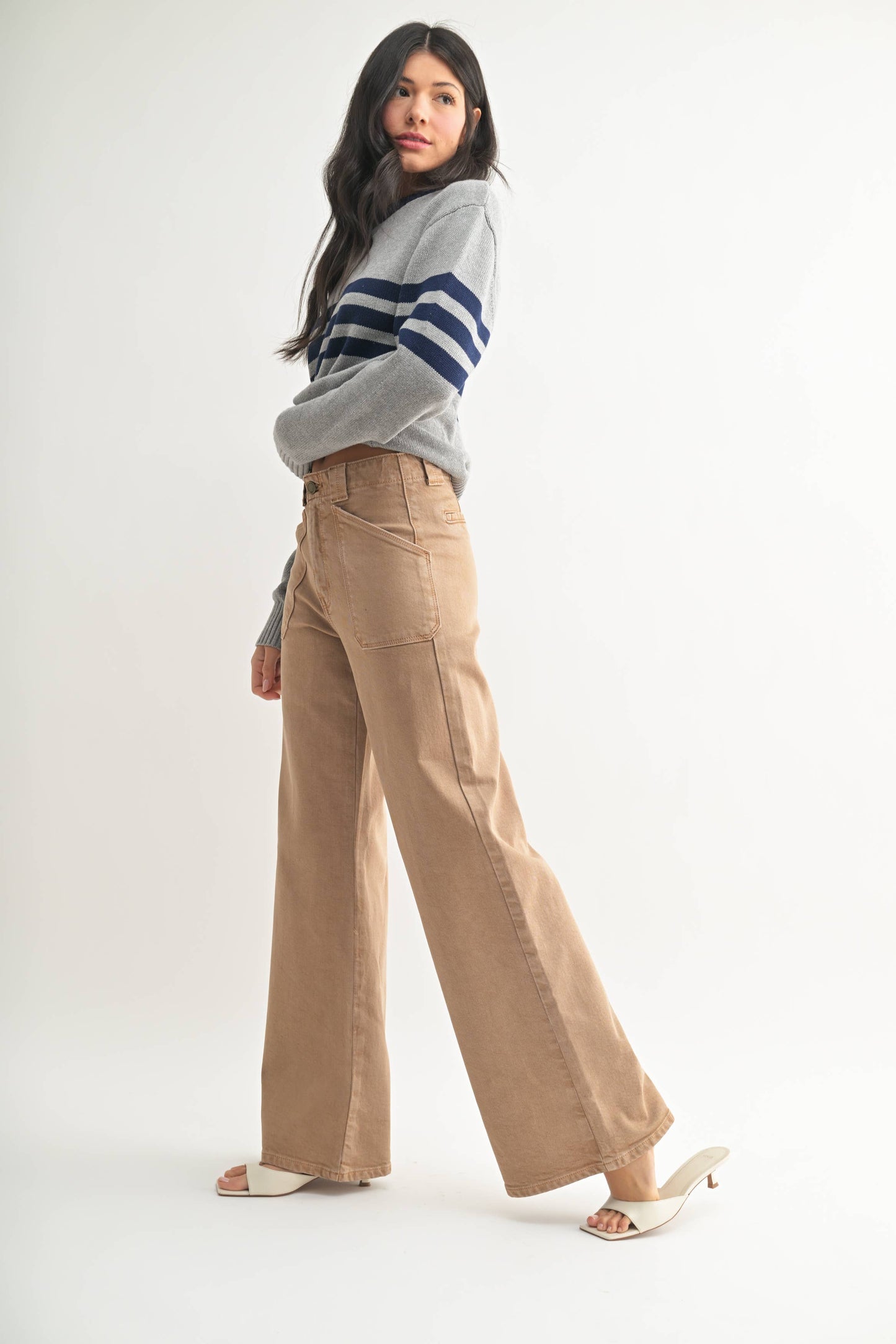 JBD Patch Pocket Wide Leg Flare in Khaki
