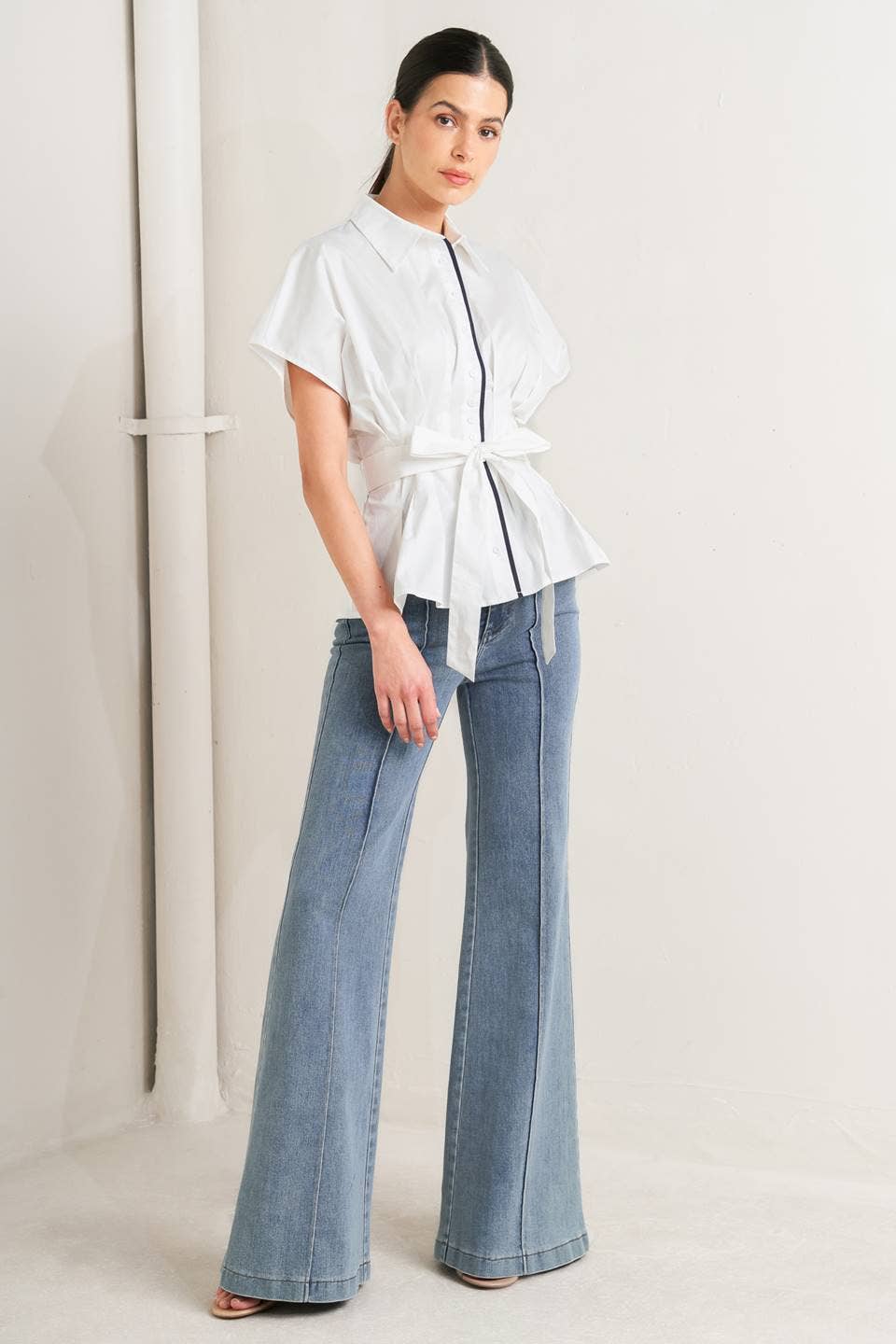 Pleated Waist Peplum Top in White