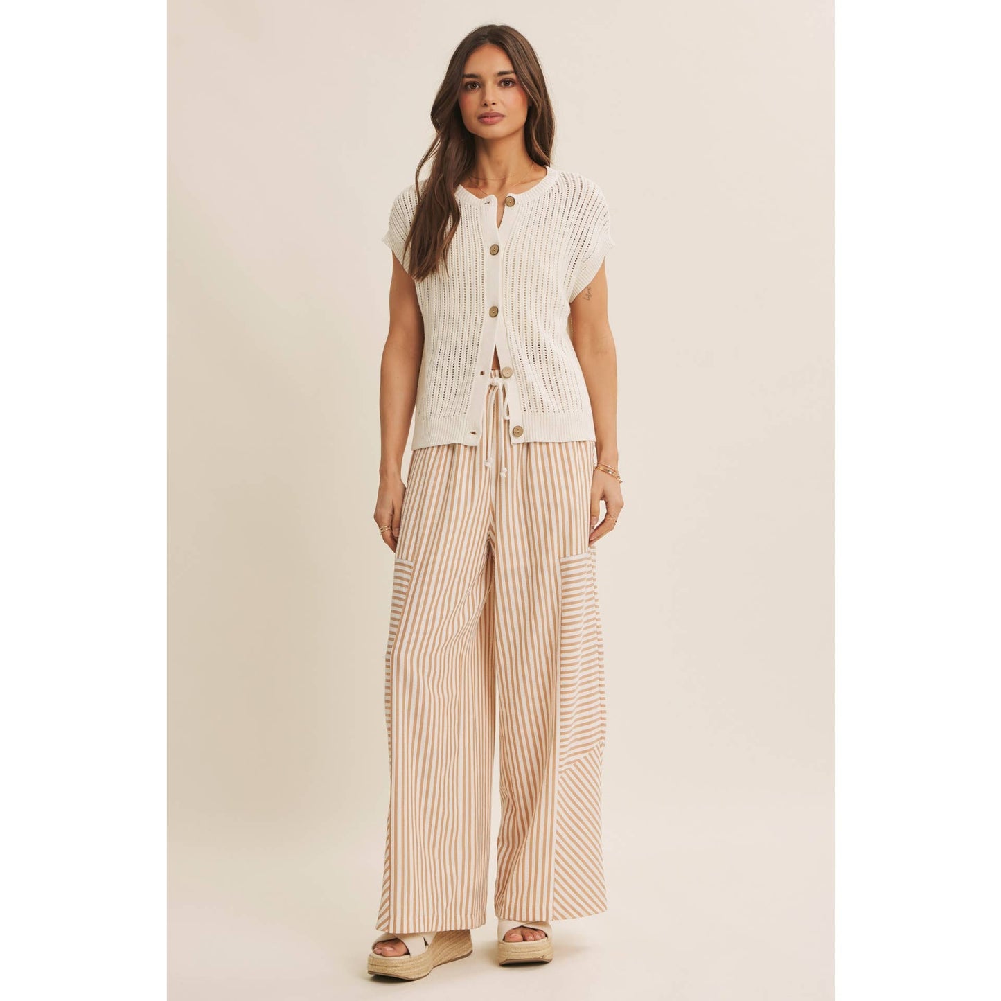 Striped Textured Wide Leg Pants in Tan