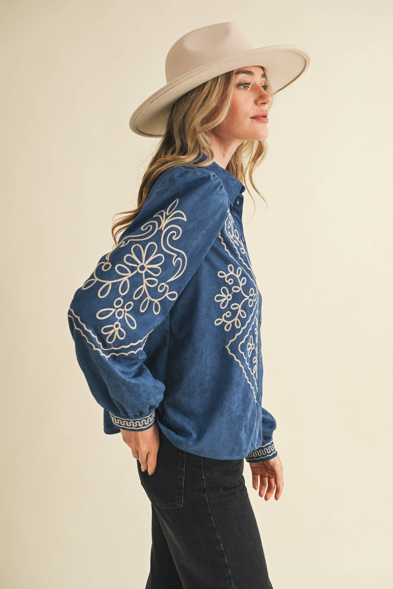Suede Embroidered Button Up Top in Blue